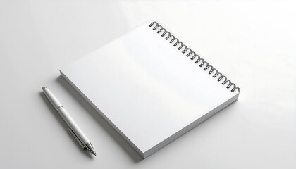 Clean blank square spiral notebook and elegant metal pen on a pristine white background, perfect for creative ideas, office mockups, or note-taking concepts