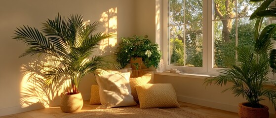 Warm morning sunlight streams through a large window illuminating several potted houseplants indoors