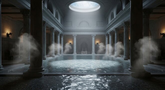 Interior view of a roman bath with water and fog