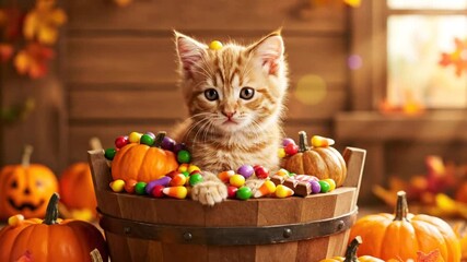 Cute kitten in wooden bucket surrounded by pumpkins and Halloween candy enjoying the autumn season - Powered by Adobe