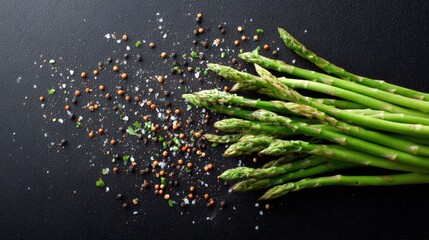 Fresh green asparagus spears arranged on a dark surface, surrounded by colorful spices and salt, showcasing vibrant textures and culinary potential for healthy dishes