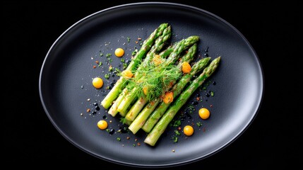 Fresh green asparagus arranged elegantly on a black plate, garnished with vibrant orange sauce and herbs, showcasing culinary artistry and gourmet presentation