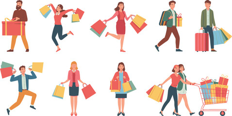 People shopping illustration set, happy customers carrying bags, gift boxes, holiday purchases, retail excitement, sale season, consumer activity, flat cartoon artwork