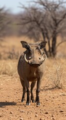 Fototapeta premium A sturdy warthog stands alertly in the dry, sun-drenched savanna, showcasing its large curved tusks and distinctive facial warts ,hog ,arid ,environment