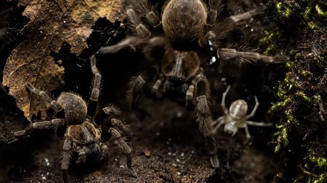 Close up view of tarantula spiders inside a dark habitat with moss, soil, and a smaller spider