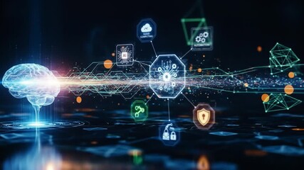 Artificial intelligence showing a digital brain and connected icons, symbolizing cloud computing, data processing, machine learning, automation, and cybersecurity. 4k video - Powered by Adobe