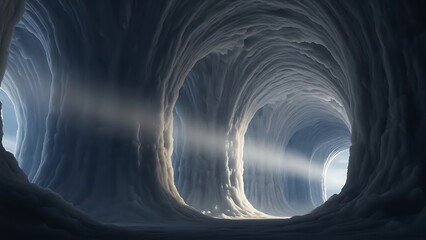 Sunlight streams through a dark sculpted cave opening