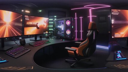 A futuristic gaming setup with multiple screens, a powerful PC, and vibrant neon lights in a dark room.