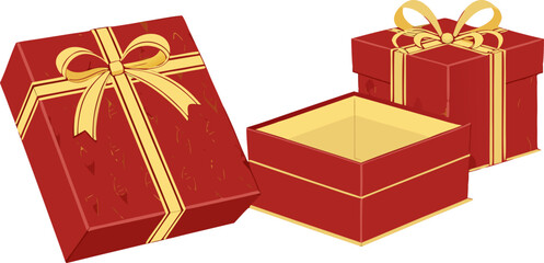 Red gift box with luxurious golden bow, high-quality isolated vector, ideal for festive events, celebrations, marketing, and decorative design elements.