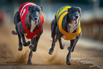 Exciting greyhound race at the local track under a vibrant evening sky