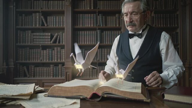 Caucasian man reading an antique book in a library, as paper origami cranes fly out, symbolizing knowledge and imagination.