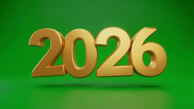 Golden Year Numbers on Green Background, 3D Illustration, Futuristic Graphic Design, Front View, Digital Concept