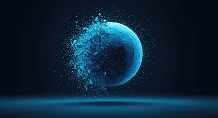 Conceptual visualization of a geometric blue form disintegrating into glowing dust particles, symbolizing fading memory and the dissolution of ideas ,dark ,vanishing ,transformation