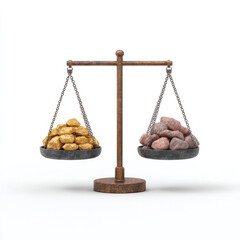 Gold nugget mineral rock balance scale comparison value wealth trade metal geology mining precious stone ore rough texture contrast finance investment market concept choice decision weight measure