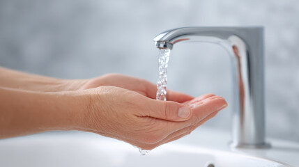 Running water clean hand bathroom sink chrome faucet hygiene flowing stream fresh water handwash routine healthy habit with calm mood