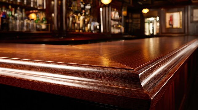 hangout. A classic wooden bar counter with a polished surface in warm ambient lighting. real-estate listings, architecture portfolios, designed for real-estate listing and luxury residence showcases.