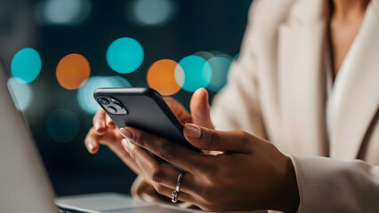 Modern female executive urban workspace close up hands holding smartphone with city bokeh background in professional detail