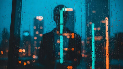 Modern female executive urban workspace abstract reflection visible on rain streaked skyscraper window with moody teal and orange city lights