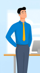 Confident businessman office worker blue shirt yellow tie standing pose hands in pockets modern workspace bright background casual hairstyle corporate style with calm mood