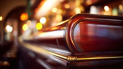 hangout. A classic wooden bar counter with a polished surface in warm ambient lighting. real-estate listings, architecture portfolios, designed for real-estate listing and luxury residence showcases.