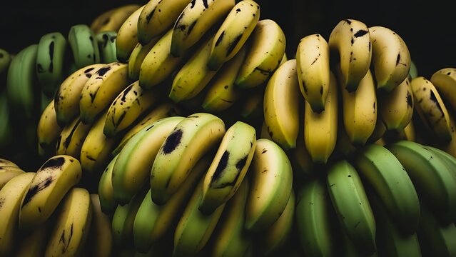 Close up of ripe and unripe bananas in a bunch