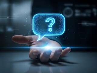 Hand holding a glowing blue question mark in a speech bubble, digital network effect, dark background