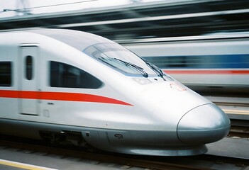 Fototapeta premium A futuristic high-speed train rushes along modern railway tracks, showcasing sleek design, advanced engineering, smooth motion, and cutting-edge transportation technology within a dynamic urban travel