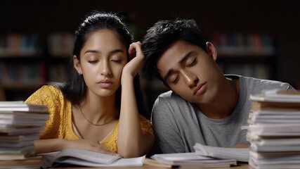 Students sleeping in library near books daytime indoors