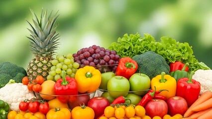 Fresh assortment of healthy fruits and vegetables in natural sunlight