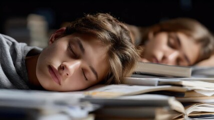 Students sleeping on books close up - Powered by Adobe