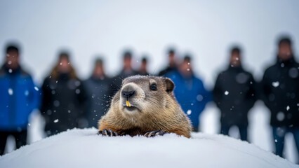 Groundhog emerging from the snow mound with a crowd of blurred people in the background. Groundhog Day.