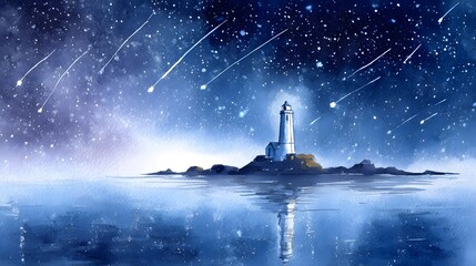 Serene coastal lighthouse glows beneath a starry night sky tranquil water reflections