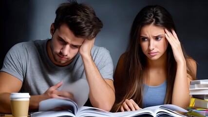 Students study together analyzing documents serious expressions