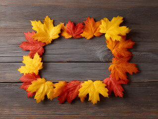 Autumn leaf frame fall foliage maple leaf wooden background rustic border orange leaf yellow leaf red leaf seasonal decor copy space with cozy mood on weathered wood, warm and inviting composition