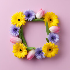 Yellow gerbera pink tulip purple daisy spring wreath floral frame pastel background square arrangement fresh blossom botanical design minimal style celebrate gentle mood with vibrant petals