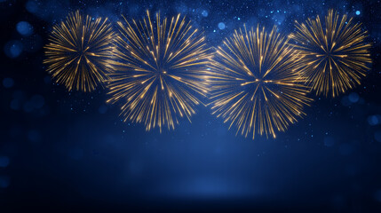 Golden fireworks night sky celebration festive sparkle blue background holiday party New Year bright burst fill dark blue scene with shimmering light and joyful mood for event or greeting card
