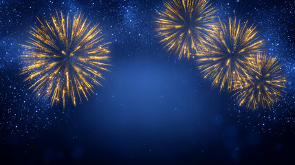 Sparkler burst golden firework night sky blue background festive celebration holiday light glitter star New Year party mood copy space glow. Radiant fireworks bloom over deep blue sky