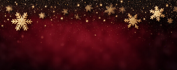 Golden snowflake red background glitter festive holiday winter sparkle bokeh decoration celebration gently float across deep red gradient, creating warm joyful mood for seasonal greeting and party