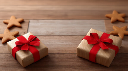 Gift box red ribbon holiday present wooden table gingerbread cookie star shape festive decor cozy mood winter season celebration scene grace wooden table, warm and inviting with soft light