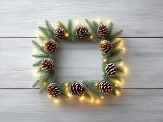 Pine wreath holiday wreath Christmas decor winter decoration pine cone fairy light frosted pine rustic style white wood festive border. Pine wreath with pine cone and fairy light white wood
