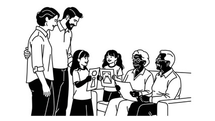 Children Showing Artwork to Grandparents Silhouette Line Art with Proud Parents Watching
