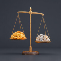 Gold nuggets balance scale gray stones comparison wealth value contrast metal mineral geology finance investment precious resource concept justice equilibrium measure weigh trade market economy