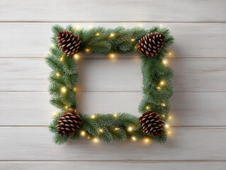 Pine wreath square frame holiday decor Christmas lights evergreen branch pine cone warm glow rustic style winter season wooden background celebration mood with cozy charm