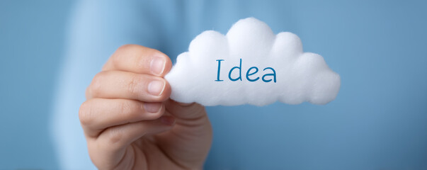 Idea concept cloud hand holding cloud blue background creativity symbol innovation message soft texture minimal design inspiration theme motivation concept startup idea