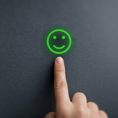 Smile icon green neon touch finger feedback rating user interface button satisfaction positive mood glowing smile icon on dark wall, gentle touch conveys satisfaction and modern feedback concept