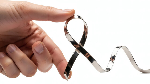 A human hand delicately manipulates a shiny silver metallic ribbon into an elegant loop and wavy form on a crisp white backdrop - Powered by Adobe