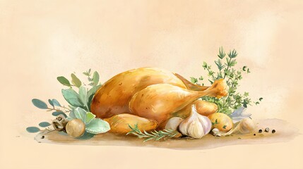 Festive roasted turkey watercolor illustration invites warmth golden hues and seasonal culinary delight