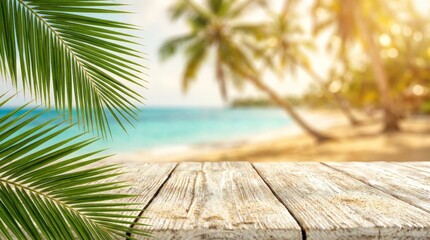 Empty wide Table top wooden bar with blurred beautiful beach scene background coconut leaf on frame for product display mockup outside summer day time. Resort clean wood desk board on nature view.