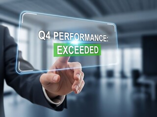 Businessman Hand Pointing at Holographic Screen Displaying Q4 Performance Exceeded in a Modern Office Environment