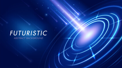 Light arrow shoots towards a target on digital dartboard. Futuristic abstract background. Achieved goals concept.